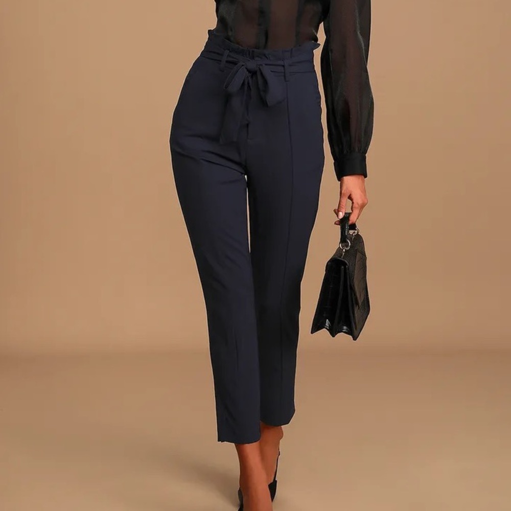 Lulu's Navy Blue Paper Bag Waist Pants